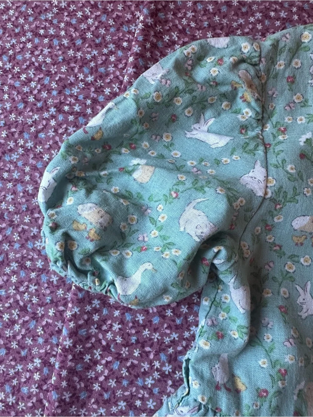 Mini Boden Mint Green Bunny & Floral Puff Sleeve Dress